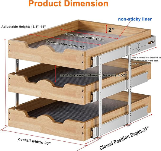 DINDON 3 Tier Pull Out Cabinet Organizer 20”W X21”D Slide Out Shelves With Shelf Liner for Kitchen Wood Roll Out Drawers Pantry Organization
