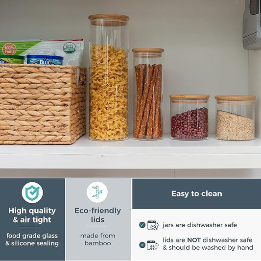 Crutello Glass Food Storage Containers with Bamboo Lids, Kitchen Glassware Canisters 4 Pack, One 54 & 32 oz, Two 23 oz, Pantry Glass Airtight Containers