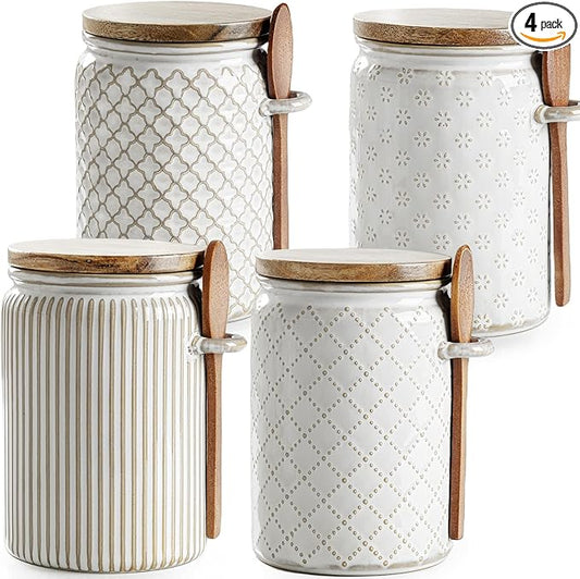 getstar Canisters Sets for the Kitchen, 20 oz Flour Sugar Storage Containers, Ceramic Kitchen Canisters for Countertop Set of 4 with Airtight Lids and Teaspoons