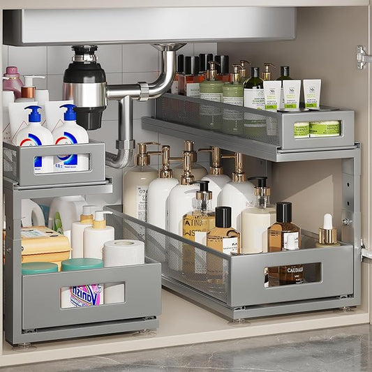 2 Pack 18.5IN-Depth Under Sink Organizer With Next-Gen Ball-Bearing Slides,2-Tier Pull Out Cabinet Storage,Height Adjustable Drawer Shelf for Bathroom,Kitchen,Laundry,Cabinet,Pantry-Gun Gray