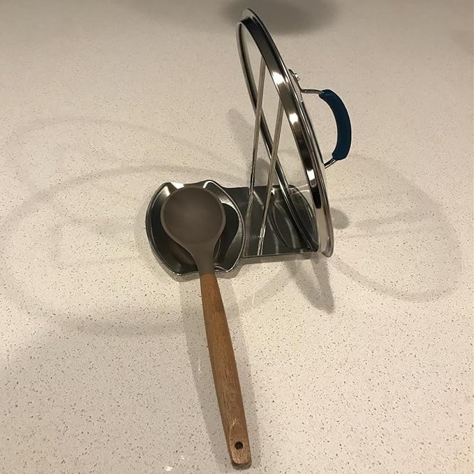 Spoon Rest and Pot Lid Holder, Stainless Steel Pan Pot Cover Lid Rack Shelf Stand Holder Spoon Holder Utensil Rest Stove Organizer Storage Soup Spoon Rests Kitchen Tool