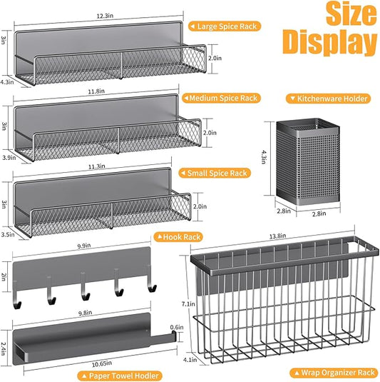Magnetic Spice Rack for Refrigerator, 7 Pack 100% Metal Strong Magnet Shelf, Spice Organizer W/ Paper Towel Holder, Hook Rack, Utensil Caddy & Cutting Board Holder, Home Kitchen Organization (Grey)