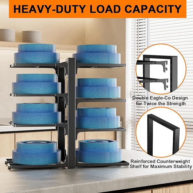 Pots and Pans Organizer Under Cabinet, Heavy Duty 8 Tier Pan Organizer–Carbon Steel Pan Rack, No Assembly Required, Perfect for Cast Iron Skillets, Dutch Ovens, Frying Pans, Pots, and Trays