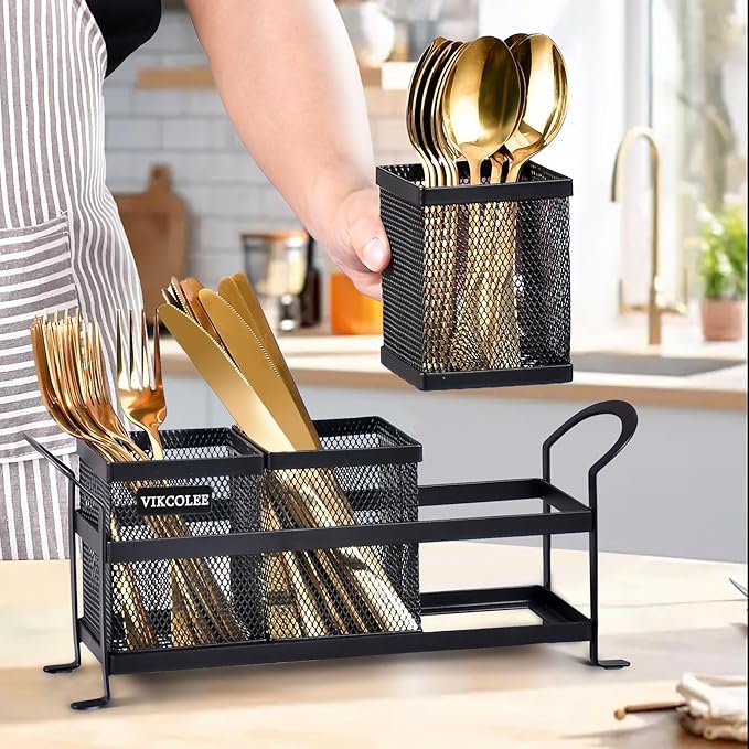 Kitchen Utensil Holder, Silverware Organizer Holder, Compact Metal Organizer for Flatware, Spoons, Forks, and Knives - 3 Separate Compartments Perfect for Kitchen Countertop- Black