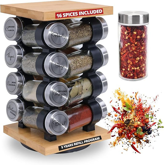 Orii 16-Jar Rotating Spice Rack with Spices Included – Pre-Filled Spice Racks with 5-Year Refill Program - Flavorful Spices