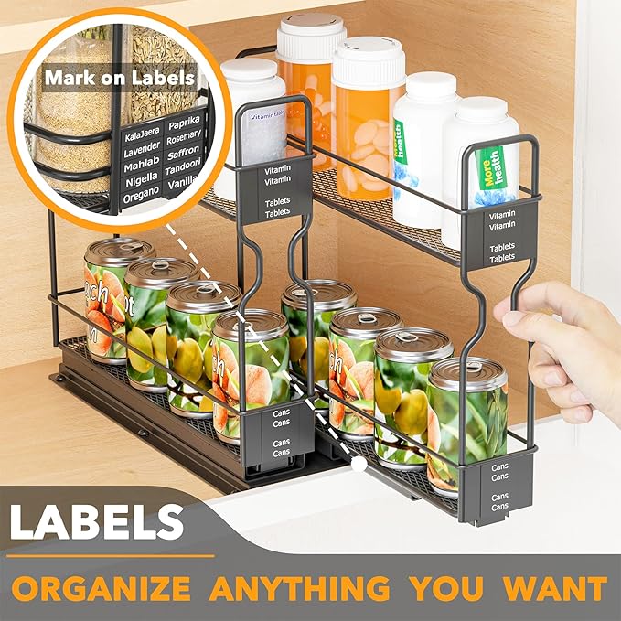 SpaceAid Pull Out Spice Rack Organizer for Cabinet, Heavy Duty Slide Out Seasoning Kitchen Organizer, Cabinet Organizer, with Labels, 5.2" W x10.75 D x10 H, 2 Drawers 2-Tier