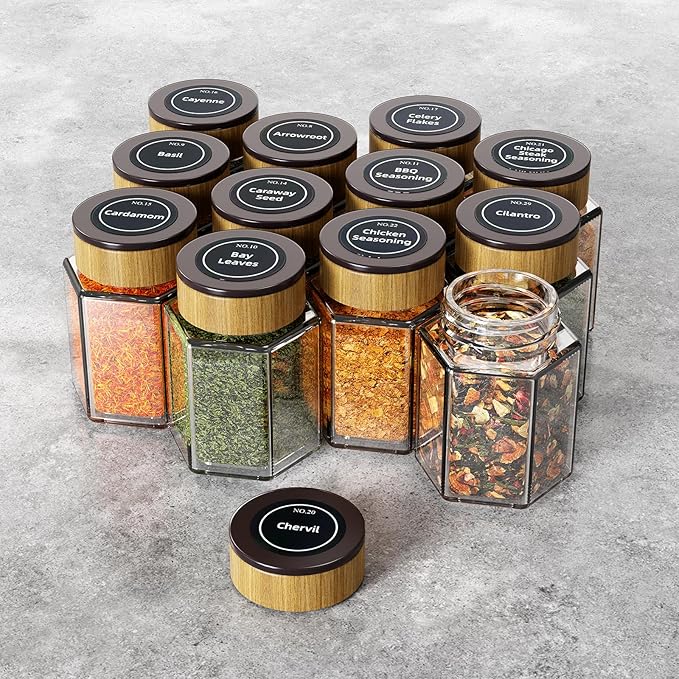 set of 12 magnetic glass spice tins with 180 seasoning label stickers