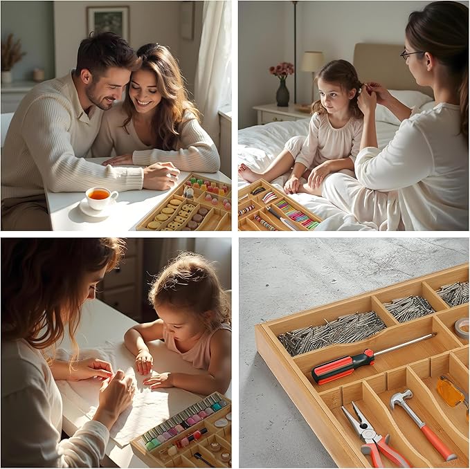 Luxury Bamboo Kitchen Drawer Organizer - Silverware Organizer - Utensil Holder, Spice Rack and Cutlery Tray with Grooved Drawer Dividers for Flatware and Kitchen Utensils (16 Slots)