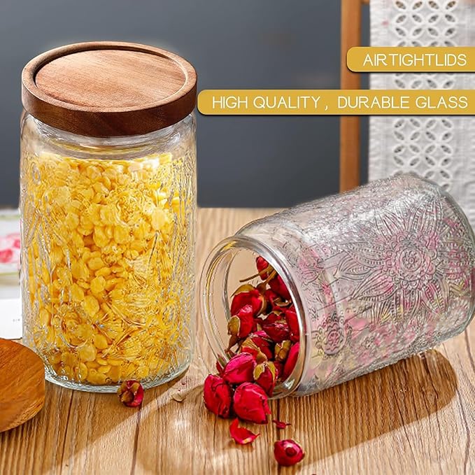 34 OZ Airtight Glass Storage Jar with Bamboo Lid - Vintage Glass Jar Vintage Food Containers Canisters Set for Kitchen Counter & Pantry - Ideal for Sugar, Flour, Coffee, Tea, Candy, Oats, Cereal