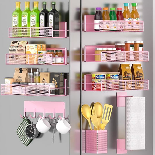 Magnetic Spice Rack for Refrigerator, 10 Pack Metal Magnetic Shelf, Moveable Spice Organizer with Hook Rack, Paper Towel Holder, Kitchenware Holder, Strong Magnetic Storage Fridge Organizer Pink