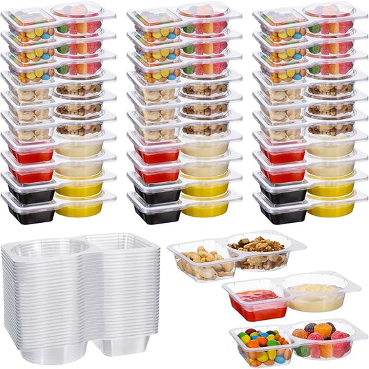 30 PCS Double Compartment Condiment Container with Lids, 5 oz Disposable Plastic Mini Sauce Cups, Compartment Snack Box, Grab and Go Snack Containers Reusable for Salsa (30, 2 Compartment)