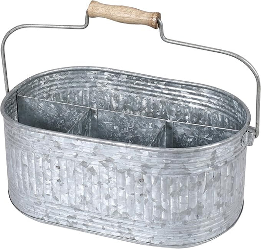 CLEENTABLE Farmhouse Galvanized Metal Utensil Caddy – 4-Compartment Silverware Organizer with Removable Handle for Countertop, Picnic & Party Use (10"x6.5"x5.5", Grey)