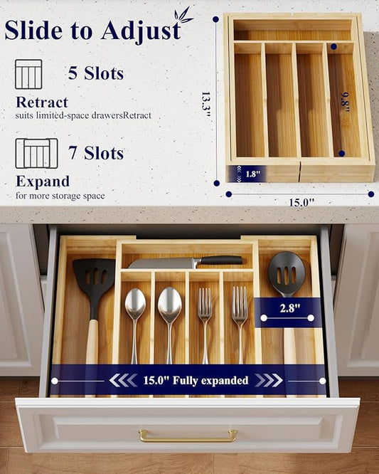 Kitsure Thickened Silverware Organizer - Expandable Bamboo Kitchen Drawer Organizer for Cooking Utensils and Cutlery, Sturdy Kitchen Organizers and Storage Solution, 15.0"×13.3"×1.8"