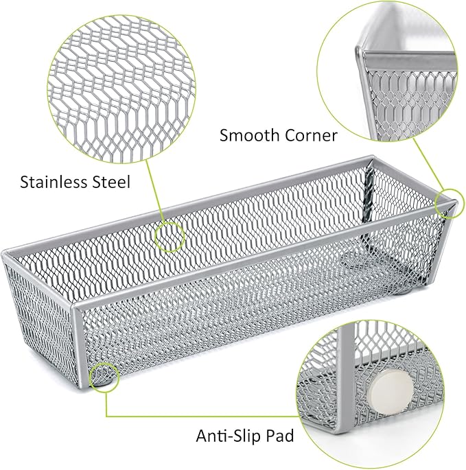 Silverware Organizer,Mesh Drawer Organizer for Kitchen，Metal Utensil Organizer for Flatware, Knives, Spoons,Cosmetic (Silver 9 * 3 * 2 inch Pack6)