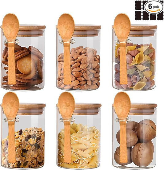 Glass Jar with Bamboo Lids,Overnight Oats Containers with Lids,Glass Food Storage Jars Containers,Kitchen Canisters for Candy,Cookie,Coffee,Sugar,Tea,Nuts,18.5oz/540ML(6PCS)