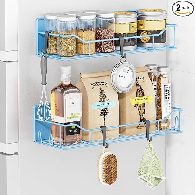 Magnetic Spice Rack for Refrigerator, 2 Pack Strong Magnet Spice Organizer Shelves with Hooks, Magnetic Fridge Shelf for Kitchen Organization and Storage, Seasoning Organizer Gadgets (Blue)