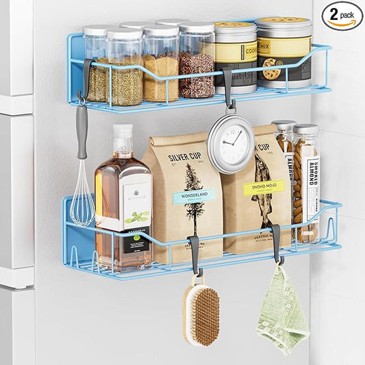 Magnetic Spice Rack for Refrigerator, 2 Pack Strong Magnet Spice Organizer Shelves with Hooks, Magnetic Fridge Shelf for Kitchen Organization and Storage, Seasoning Organizer Gadgets (Blue)