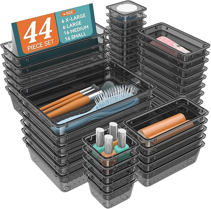 WOWBOX 44 PCS Clear Plastic Drawer Organizer Set, 4 Varied Size storage Bins and Desk Drawer Organizer Trays for Makeup, Gadgets, Jewelry and Utensils in Bathroom, Bedroom and Office, Clear Black