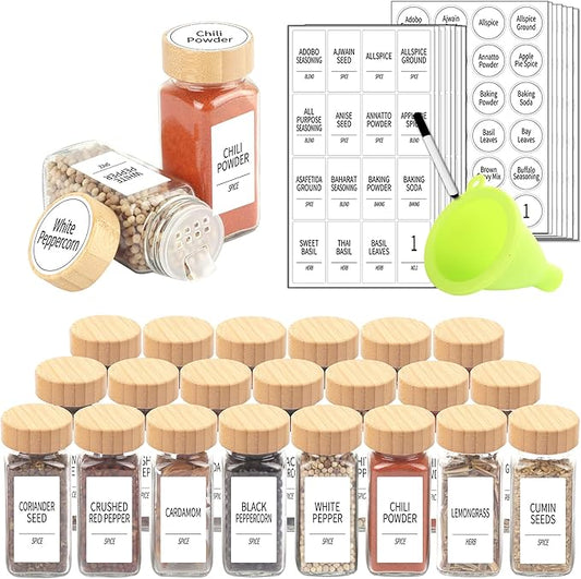 SWOMMOLY 24 Pcs Glass Spice Jars with Labels, Square Jars with Bamboo Lids, 4 oz Empty Jars with Shaker Lids, Seasoning Spice Storage Containers Bottles