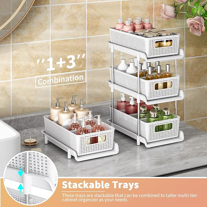 Bathroom Organizer with Dividers, 2Pcs 2 Tier Stackable Under Sink Organizers and Storage Cabinet Organizers for Bathroom Kitchen Pantry Organization and Storage, Medicine Cabinet Organizer
