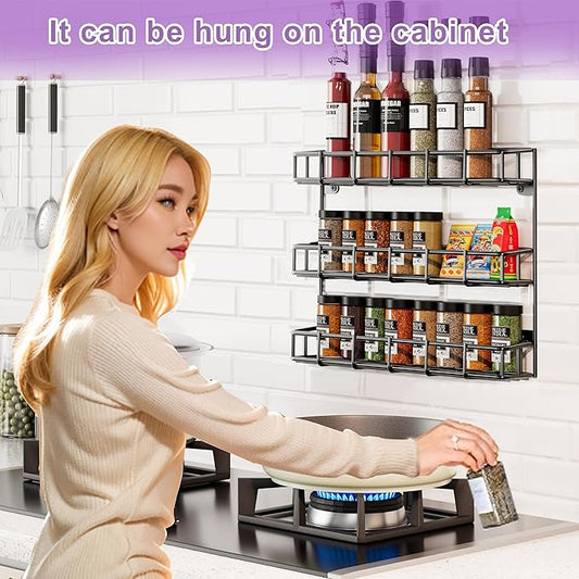 SUFAUY 2pcs Wall Spice Rack for Kitchen, 3 Tier Pantry Door Spice Rack Organizer Wall Mount, Black