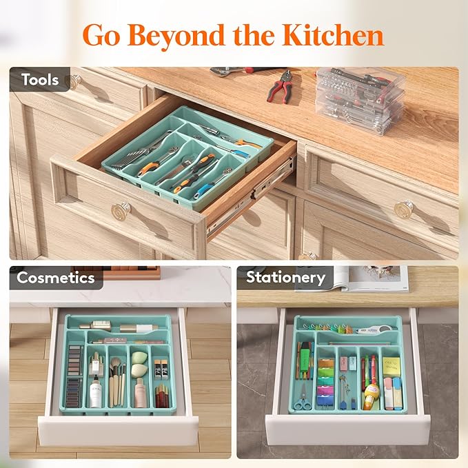 Lifewit Silverware Drawer Organizer Tray, Plastic Cutlery Storage for Kitchen Drawer, Flatware and Utensil Holder Divider for Spoons Forks Knives Tableware, 7 Compartment, Turquoise