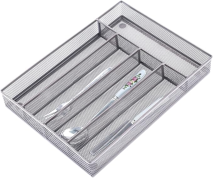Silverware Tray for Drawer, Silverware Organizer, Metal Drawer Organizer Kitchen Utensils with Foam Feet Multi Compartments Cutlery Organizer in Drawer (SLIVER)