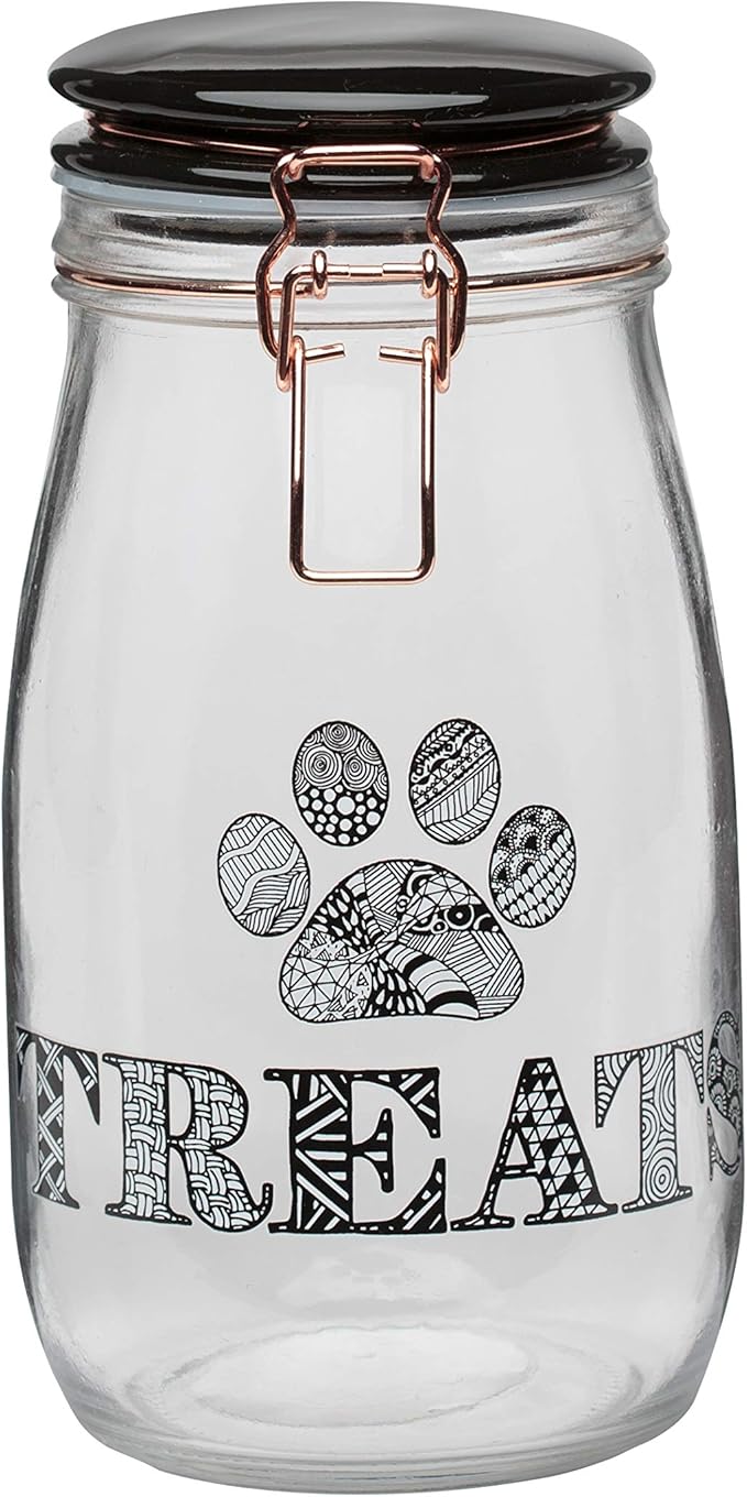 Amici Pet Benji Canister Clear Glass Decorative Treat Storage Container with Zentangle Decal and Hermetic Preserving Lid, 51 Ounce Capacity