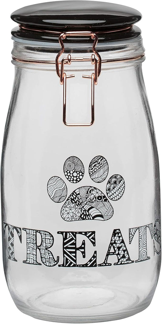 Amici Pet Benji Canister Clear Glass Decorative Treat Storage Container with Zentangle Decal and Hermetic Preserving Lid, 51 Ounce Capacity