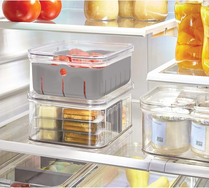 iDesign Recycled Plastic Crisp Produce Storage Containers with Lid and Colander Basket Designed to Keep Food Fresh Longer, 8.32” x 6.32” x 3.76”, Clear/Gray