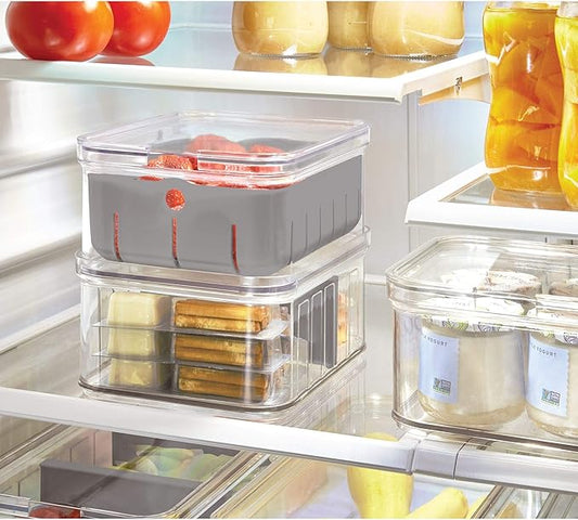 iDesign Recycled Plastic Crisp Produce Storage Containers with Lid and Colander Basket Designed to Keep Food Fresh Longer, 8.32” x 6.32” x 3.76”, Clear/Gray