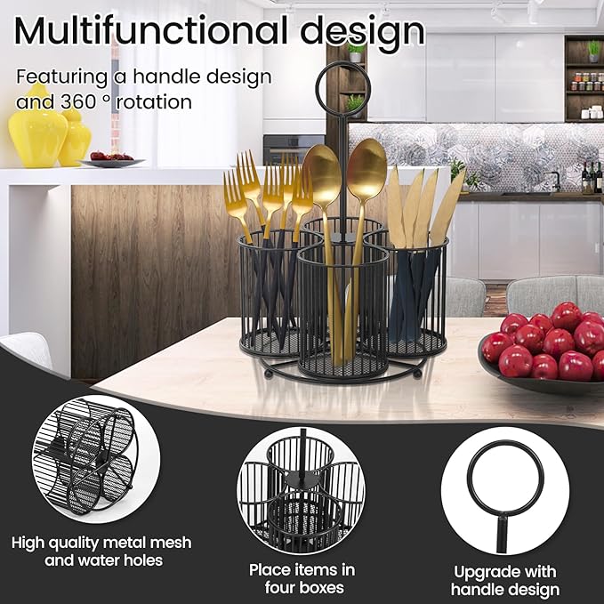 360° Rotating Countertop Utensil Caddy - 4-Compartment Metal Cutlery Holder with Handle - Multipurpose for Kitchen, Picnic, Camping, Office - 6.3x6.3x11 In- Black