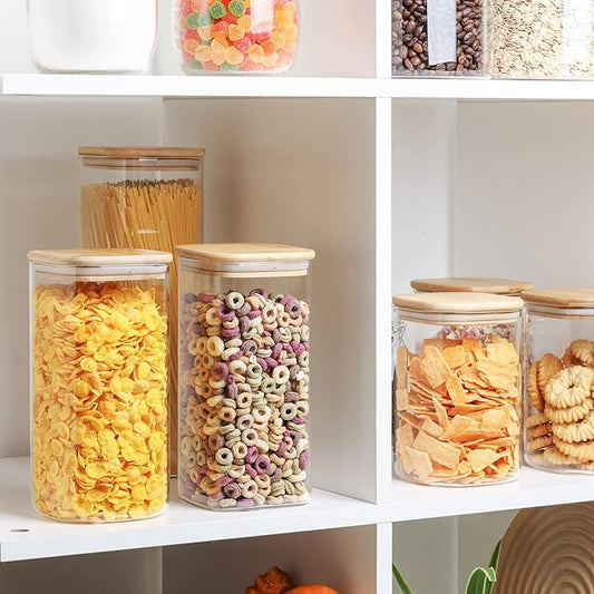 ComSaf Airtight Glass Storage Canister with Wood Lid (51 oz), Clear Food Storage Container Jar with Sealing Lids for Oat Pasta Flour Cereal Rice Sugar Tea Coffee Beans, Set of 3 Square Cookie Jar