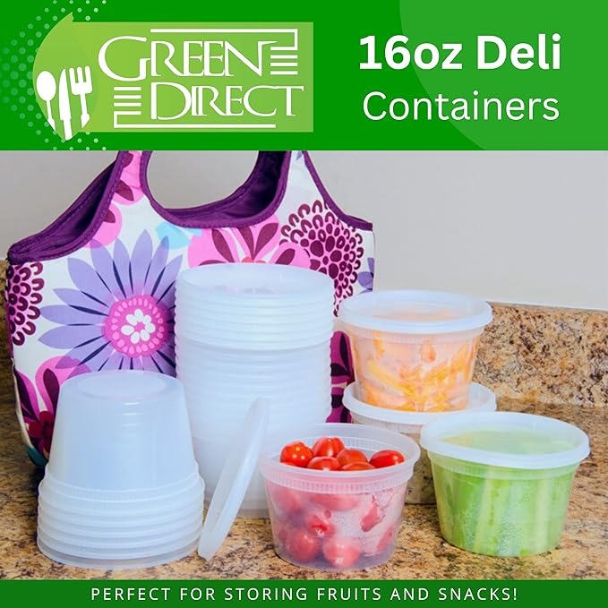 Green Direct 16 oz. Disposable Clear Plastic Containers with Lids 50 Pack, Lunch Leakproof Round Food Storage Containers, Freezer Safe for Food