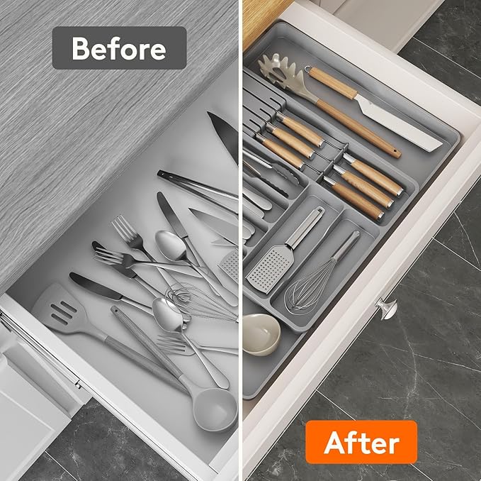 Lifewit Silverware Organizer for Kitchen Drawers, Expandable Utensil Tray with Removable Knife Block, Adjustable Cutlery and Flatware Holder, Plastic Spoon Forks Holder Storage Divider, Large, Gray