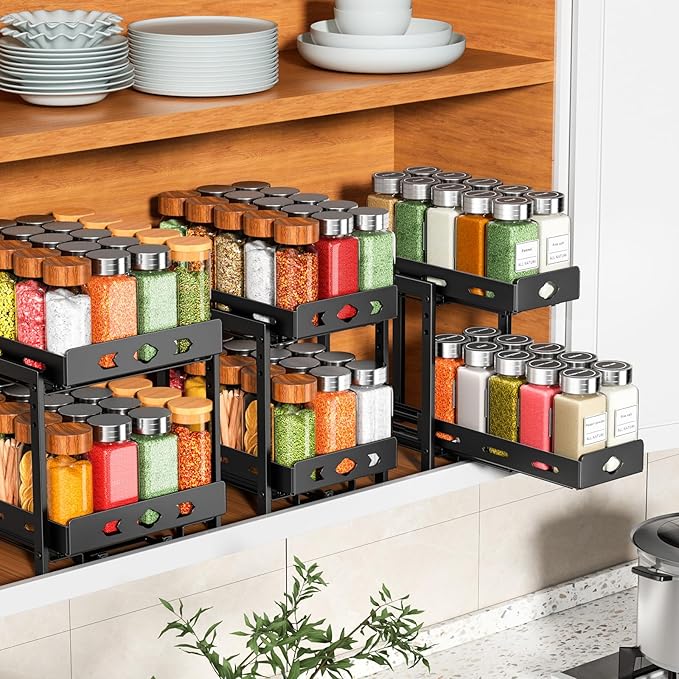 RCHYFEED Pull Out Spice Rack Organizer for Cabinet, 2-Tier Heavy Duty Slide Out Spice Rack for Inside Cabinets & Pantry, Kitchen Seasoning Organizer Vertical Spice Racks,5.5" Wx10.8 Dx9.7 H,Black