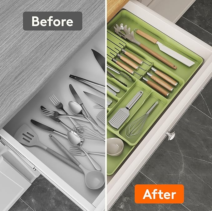 Lifewit Silverware Organizer for Kitchen Drawer, Expandable Utensil Tray with Removable Knife Block, Adjustable Cutlery Flatware Holder, Plastic Spoon Forks Holder Storage Divider, Large, Green