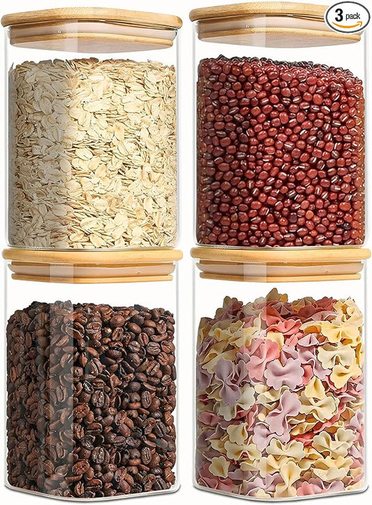37oz Square Glass Storage Containers with Lids, glass jar with airtight lid, Glass Canister for Pantry Cookie Flour Cereal Rice Sugar Tea Coffee Beans Spice, Square Set of 4
