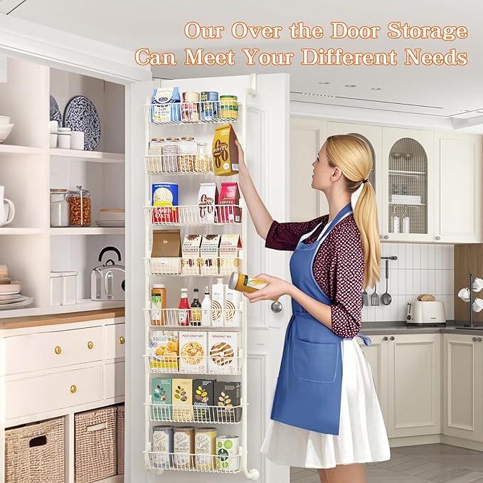 Over the Door Pantry Organizers and Storage, 8-Tier Spice Rack, Home & Kitchen Storage Shelves for Cabinet, Large Capacity Hanging Seasoning Organizer, Laundry Room Organization, White