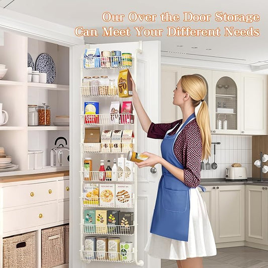Over the Door Pantry Organizers and Storage, 8-Tier Spice Rack, Home & Kitchen Storage Shelves for Cabinet, Large Capacity Hanging Seasoning Organizer, Laundry Room Organization, White