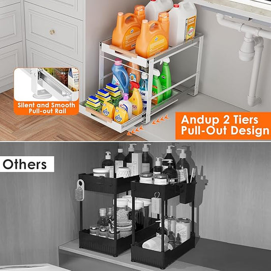 Under Sink Organizer, Pull Out Cabinet Organizer 2 Tier Slide Out Sink Shelf Cabinet Storage Metal Shelves, Sliding Under Sink Storage for Kitchen Bathroom Laundry Cabinet, Grey, 1 Pack (White)