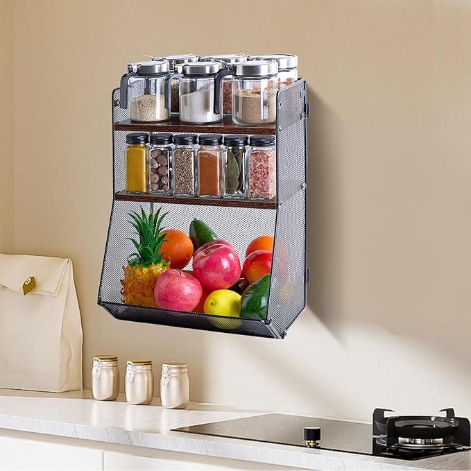 2pcs Spice Rack,Fruit Basket Kitchen Storage racks, Hanging Baskets Spice Rack for Kitchen, Countertop Organizer or Wall Mount for Spice,Snack, Fruit and Vegetable Storage