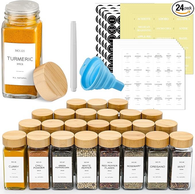NETANY 24 Pcs Glass Spice Jars with Bamboo Lids, 4 oz Glass Jars with Minimalist Farmhouse Spice Labels Stickers, Collapsible Funnel, Seasoning Storage Bottles for Spice Rack, Cabinet, Drawer