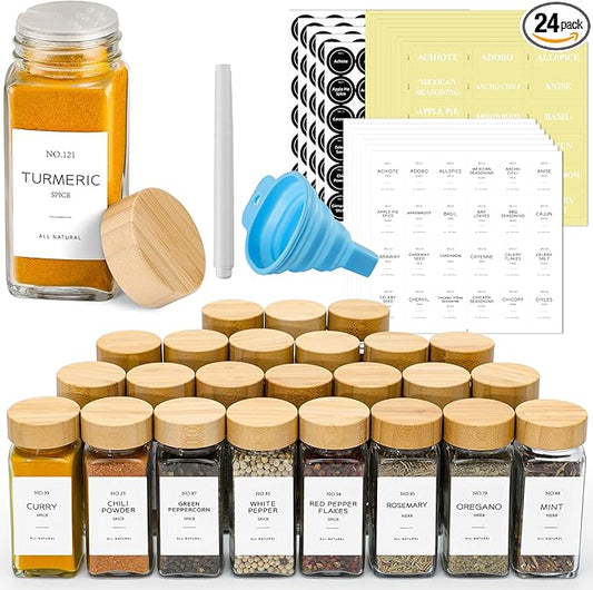 NETANY 24 Pcs Glass Spice Jars with Bamboo Lids, 4 oz Glass Jars with Minimalist Farmhouse Spice Labels Stickers, Collapsible Funnel, Seasoning Storage Bottles for Spice Rack, Cabinet, Drawer