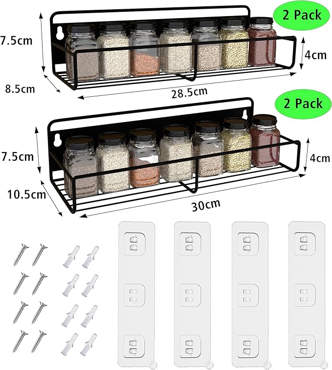 Magnetic Spice Rack for Refrigerator, 4 Pack Strong Magnetic Shelf Kitchen Organizer with 4 Hooks and Adhesive Stickers Black