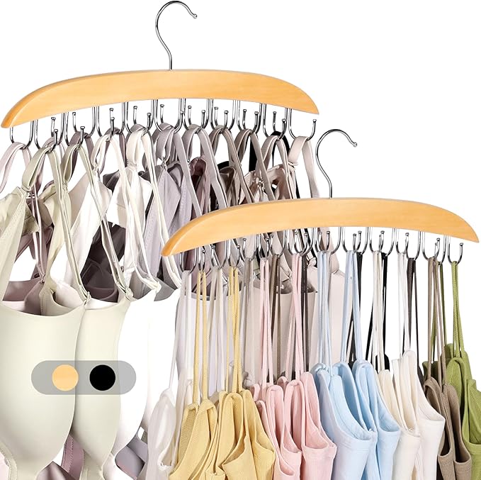 2 Pack Bra Hangers for Closet Organizer, Bra Organizer with 40 Stainless Steel Hooks, Wooden Tank Top Hanger, Closet Organizers and Storage for Bras Camis Belts Ties, Natural