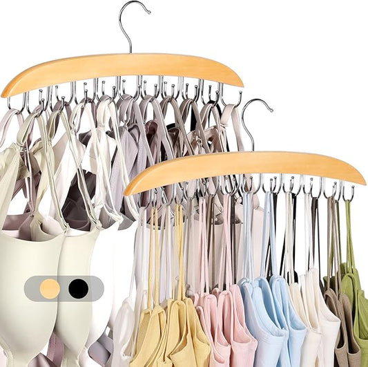 2 Pack Bra Hangers for Closet Organizer, Bra Organizer with 40 Stainless Steel Hooks, Wooden Tank Top Hanger, Closet Organizers and Storage for Bras Camis Belts Ties, Natural