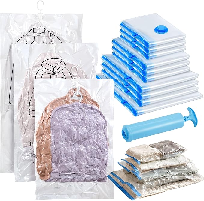 13Pcs Vacuum Storage Bags for Clothes, 10 Vacuum Seal Bags (1Jumbo,3Large,3Medium,3Small) 3 Hanging Clothes Storage Bags Vacuum Sealed(Large, Medium, Small), 80% Space Saver Bags for Home Essentials