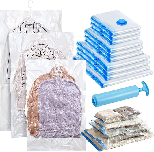 13Pcs Vacuum Storage Bags for Clothes, 10 Vacuum Seal Bags (1Jumbo,3Large,3Medium,3Small) 3 Hanging Clothes Storage Bags Vacuum Sealed(Large, Medium, Small), 80% Space Saver Bags for Home Essentials