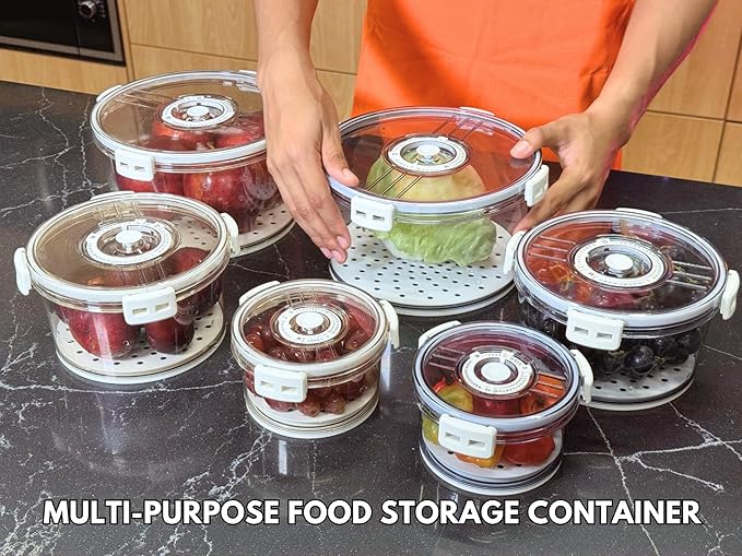 Lettuce Keeper for Refrigerator with Lids 3-Piece Set Date Chronograph Airtight BPA-Free Removable Drain Tray and Air Vents